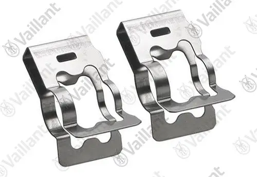 Set aus zwei metallenen Klammern von Vaillant, gestaltet für eine spezifische Montageanwendung, mit einem funktionalen Design und präzisen Ausschnitten.